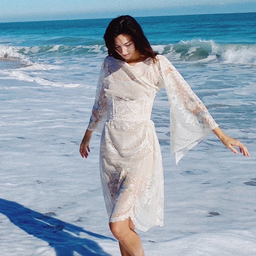 Vintage White Lace Sheer Bell Sleeve Floral Hippie Midi Dress - Picture 8 of 12